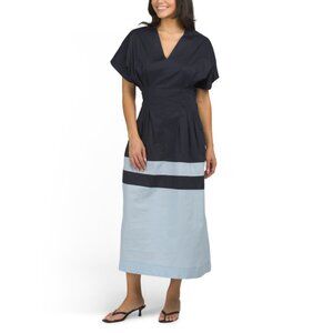 LINEA MODA Navy/blue Made In Italy Short Sleeve Maxi Color Block Dress